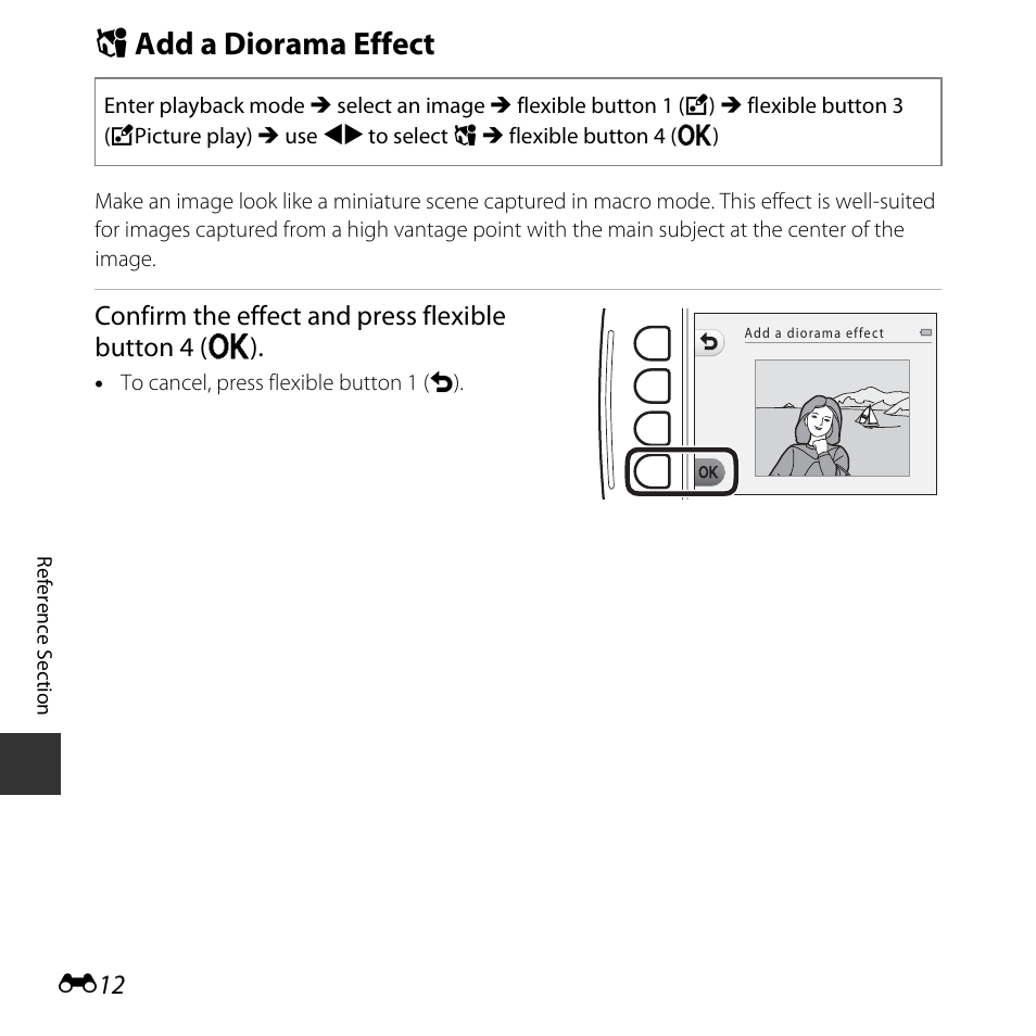 Add a diorama effect, M add a diorama effect, Confirm the effect and press flexible button 4 (o) | Nikon S32 User Manual | Page 110 / 188