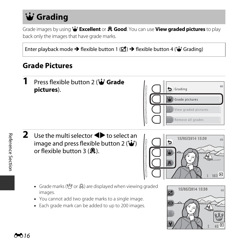 Grading, Grade pictures, A grading | Press flexible button 2 (a grade pictures ) | Nikon S32 User Manual | Page 114 / 188
