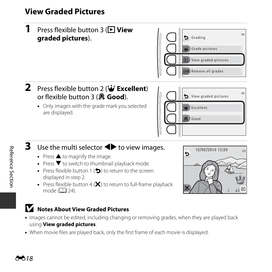 View graded pictures, Press flexible button 3 (b view graded pictures ), Use the multi selector jk to view images | Nikon S32 User Manual | Page 116 / 188