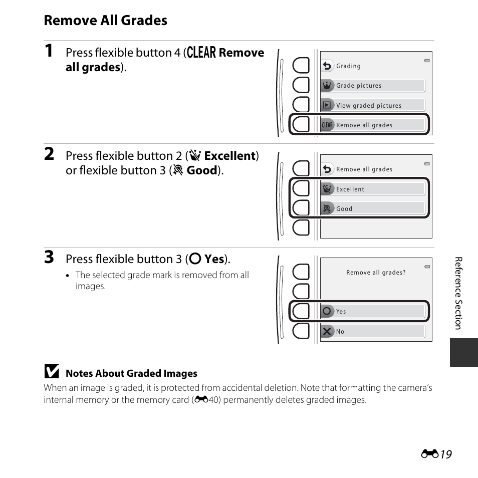 Remove all grades, Press flexible button 4 (s remove all grades ), Press flexible button 3 (r yes ) | Nikon S32 User Manual | Page 117 / 188