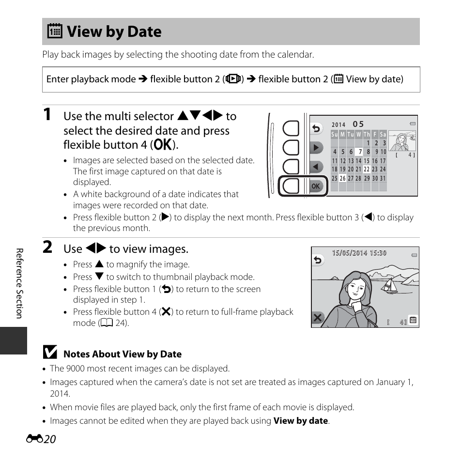 View, View by date, G view by date | Use jk to view images | Nikon S32 User Manual | Page 118 / 188