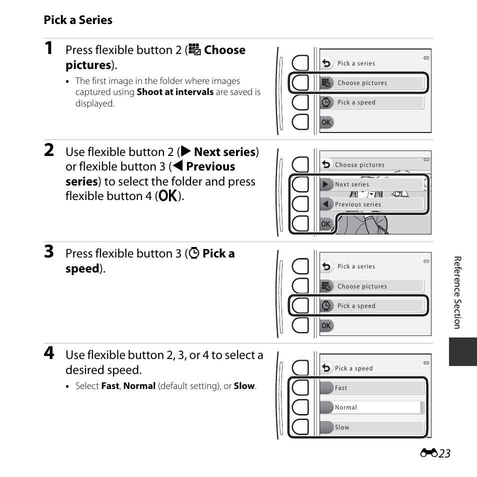 E23), Pick a series, Press flexible button 2 (o choose pictures ) | Press flexible button 3 (n pick a speed ) | Nikon S32 User Manual | Page 121 / 188