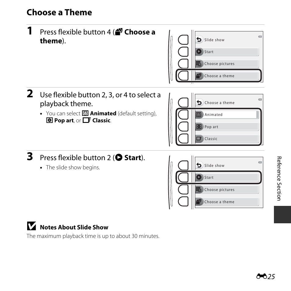 Choose a theme, E25), Press flexible button 4 (n choose a theme ) | Press flexible button 2 (a start ) | Nikon S32 User Manual | Page 123 / 188