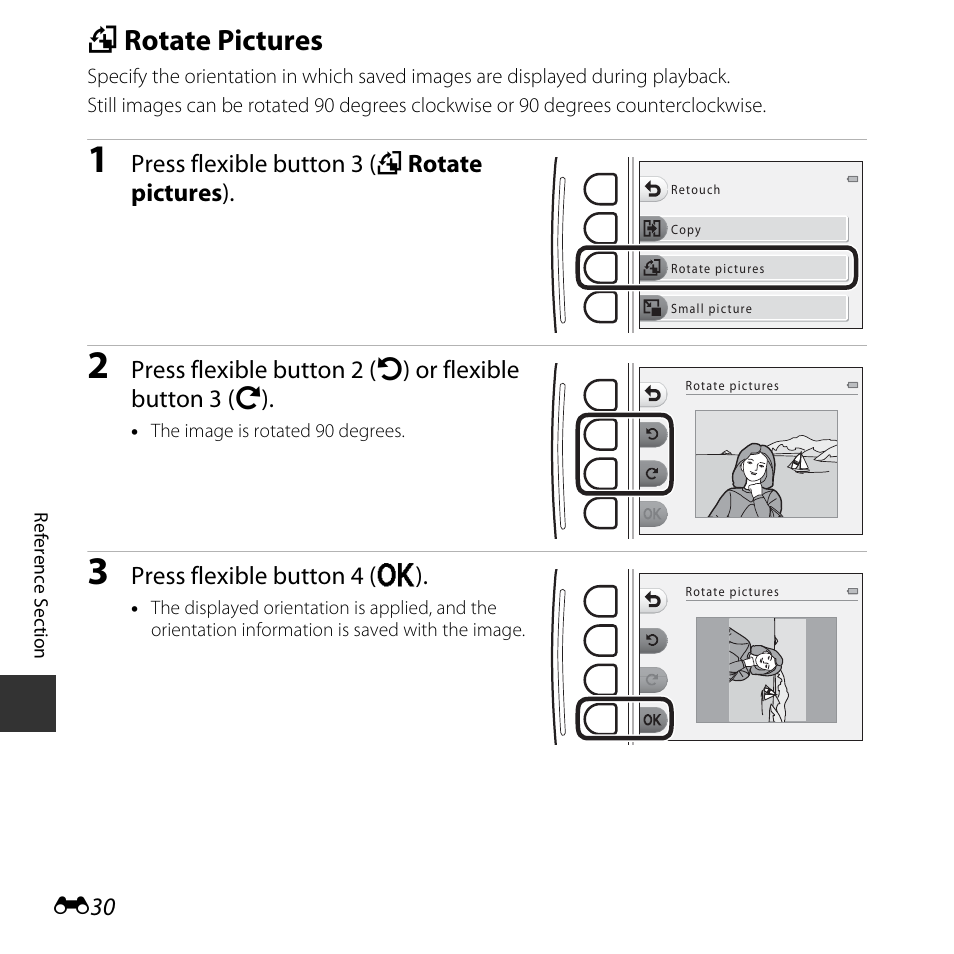 Rotate pictures, D rotate pictures | Nikon S32 User Manual | Page 128 / 188