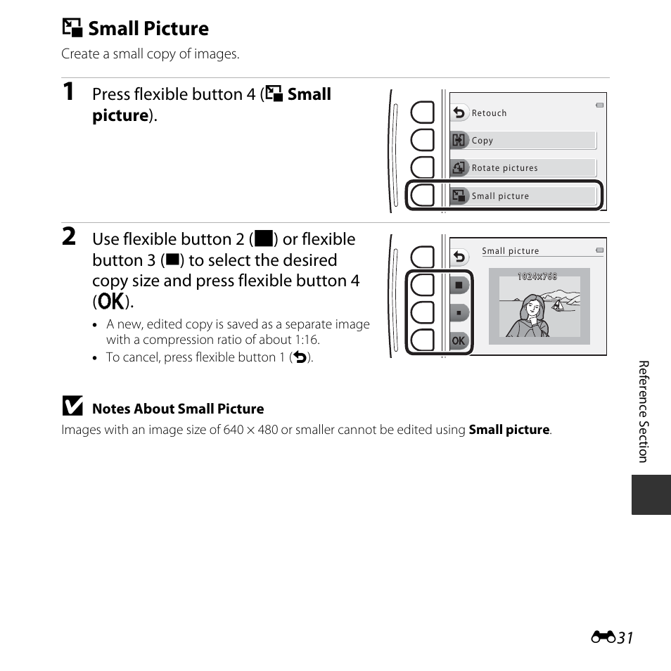 Small picture, S small picture, Press flexible button 4 (s small picture ) | Nikon S32 User Manual | Page 129 / 188