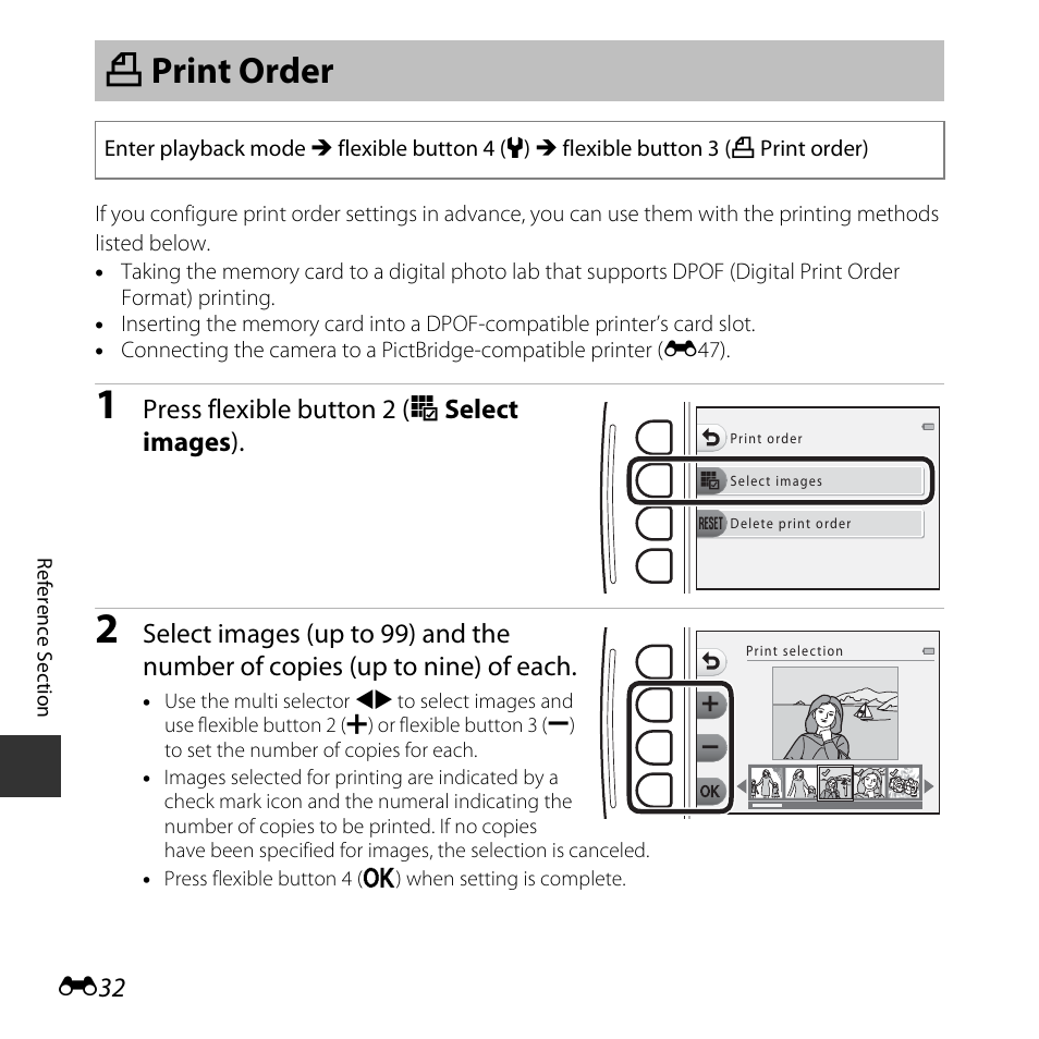 Print order, A print order, Press flexible button 2 (o select images ) | Nikon S32 User Manual | Page 130 / 188