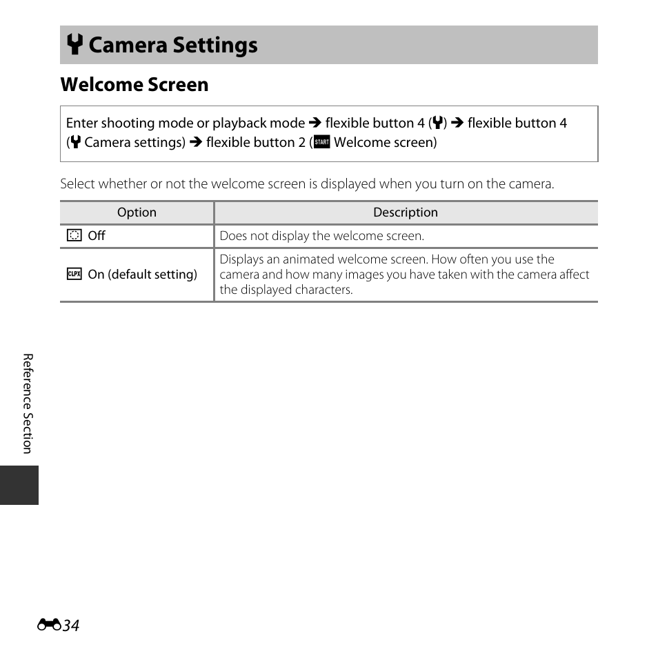 Camera settings, Welcome screen, L camera settings | Nikon S32 User Manual | Page 132 / 188