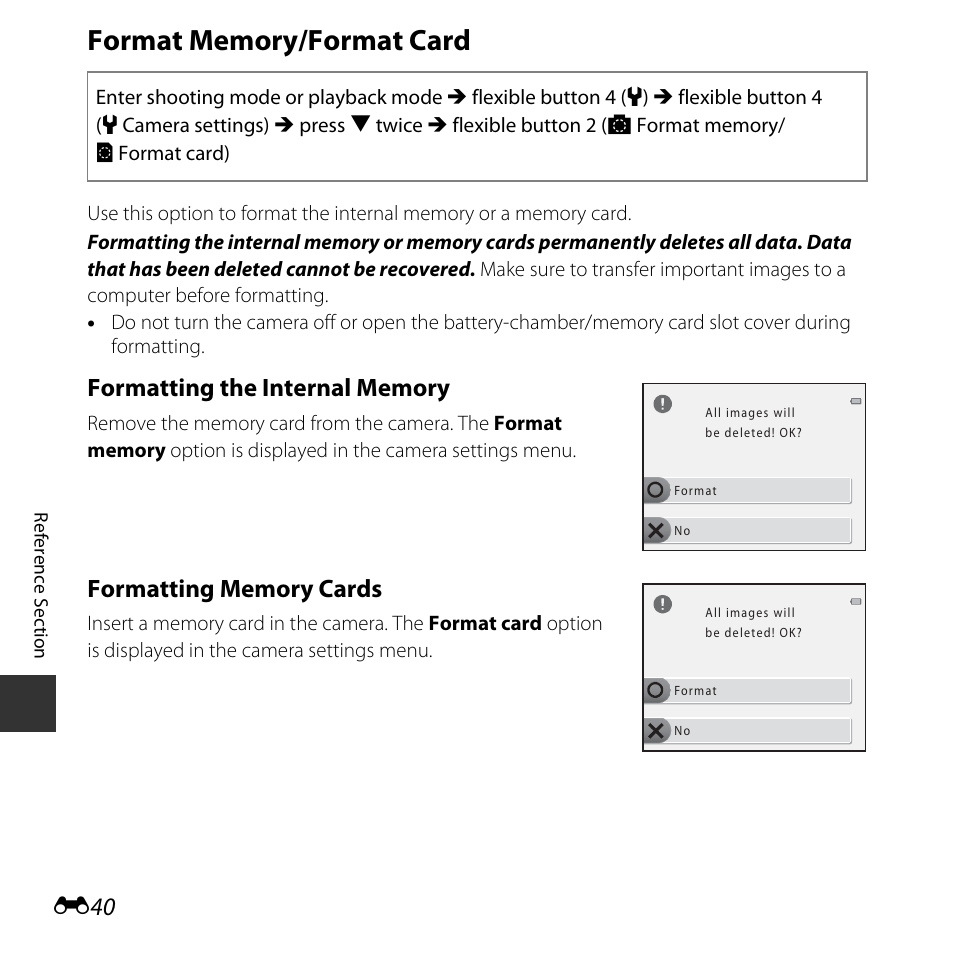 Format memory/format card, E40) | Nikon S32 User Manual | Page 138 / 188