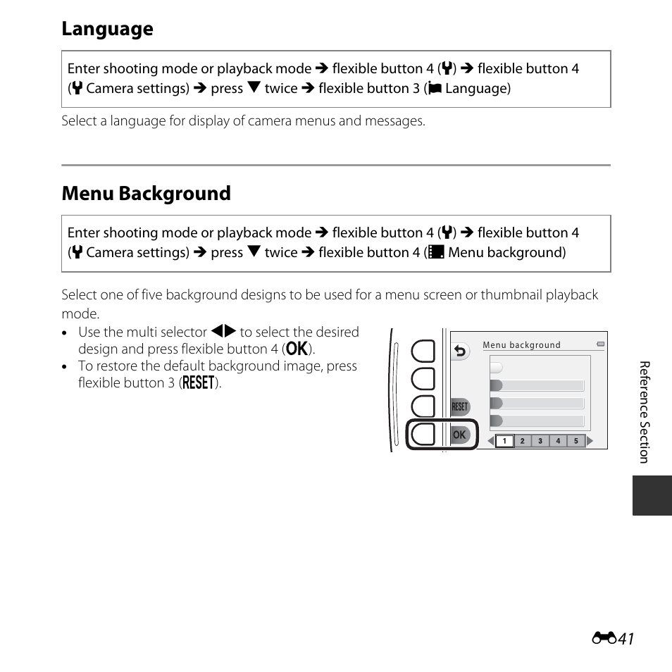 Language, Menu background | Nikon S32 User Manual | Page 139 / 188