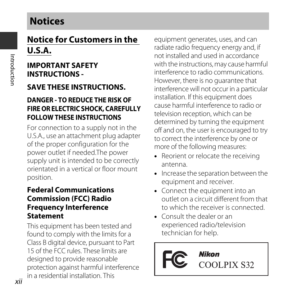 Notices, Notice for customers in the u.s.a | Nikon S32 User Manual | Page 14 / 188