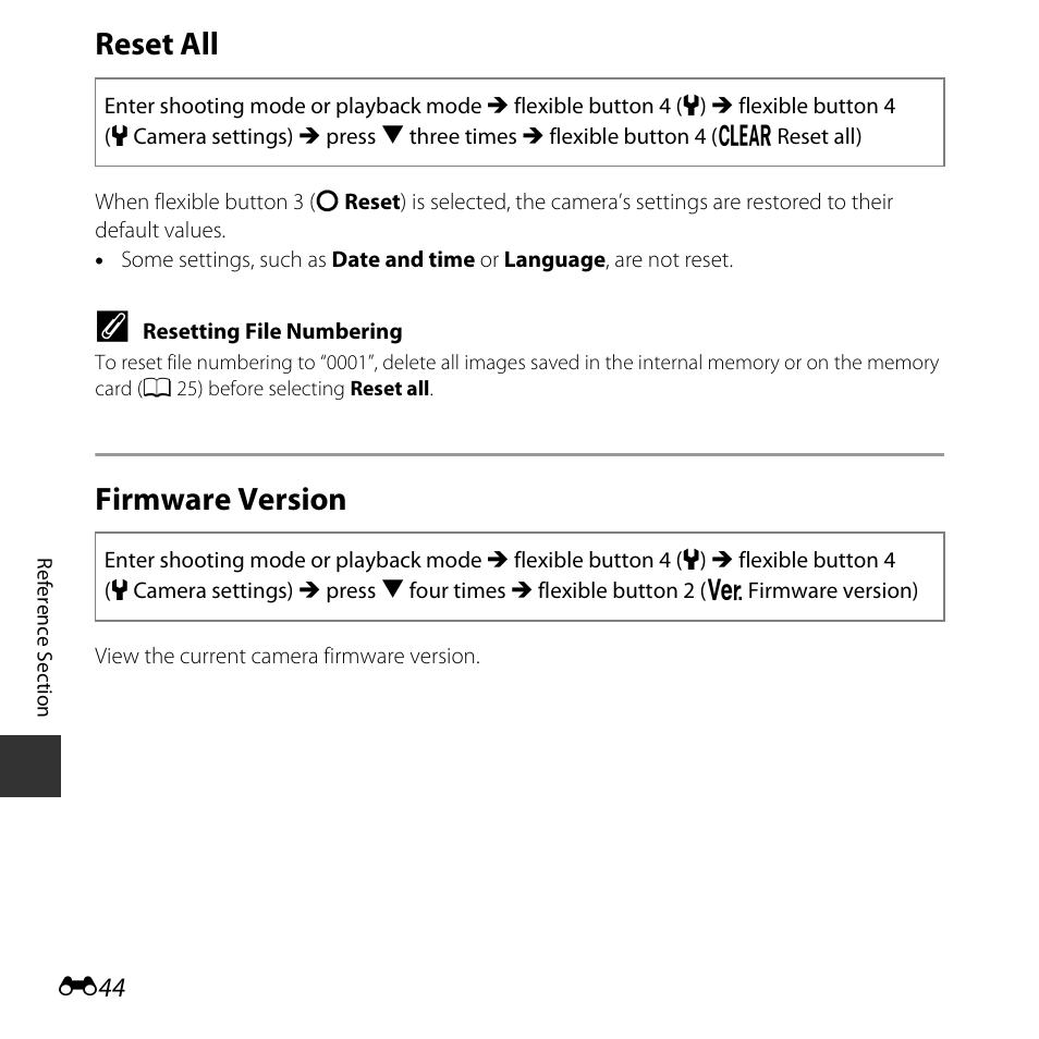 Reset all, Firmware version | Nikon S32 User Manual | Page 142 / 188