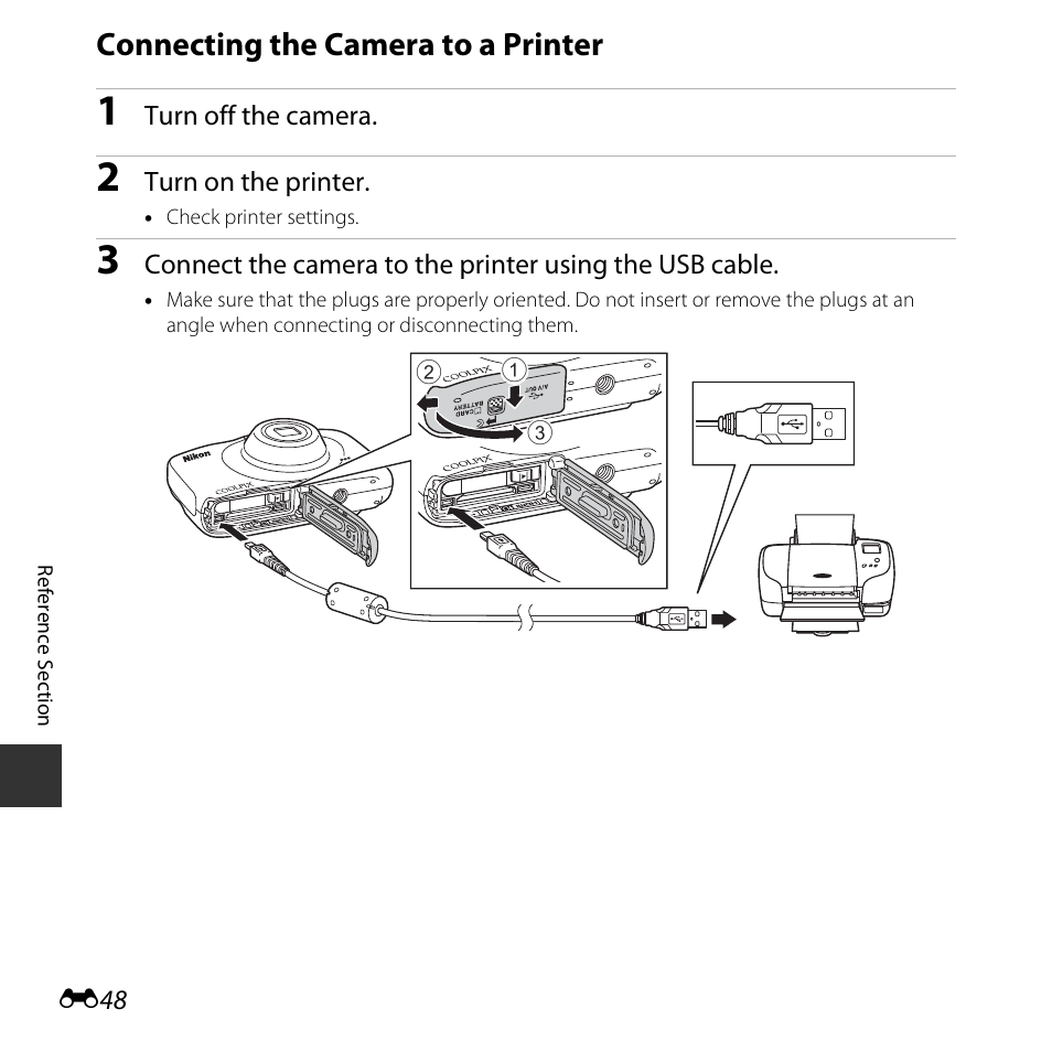 Connecting the camera to a printer, E48) | Nikon S32 User Manual | Page 146 / 188