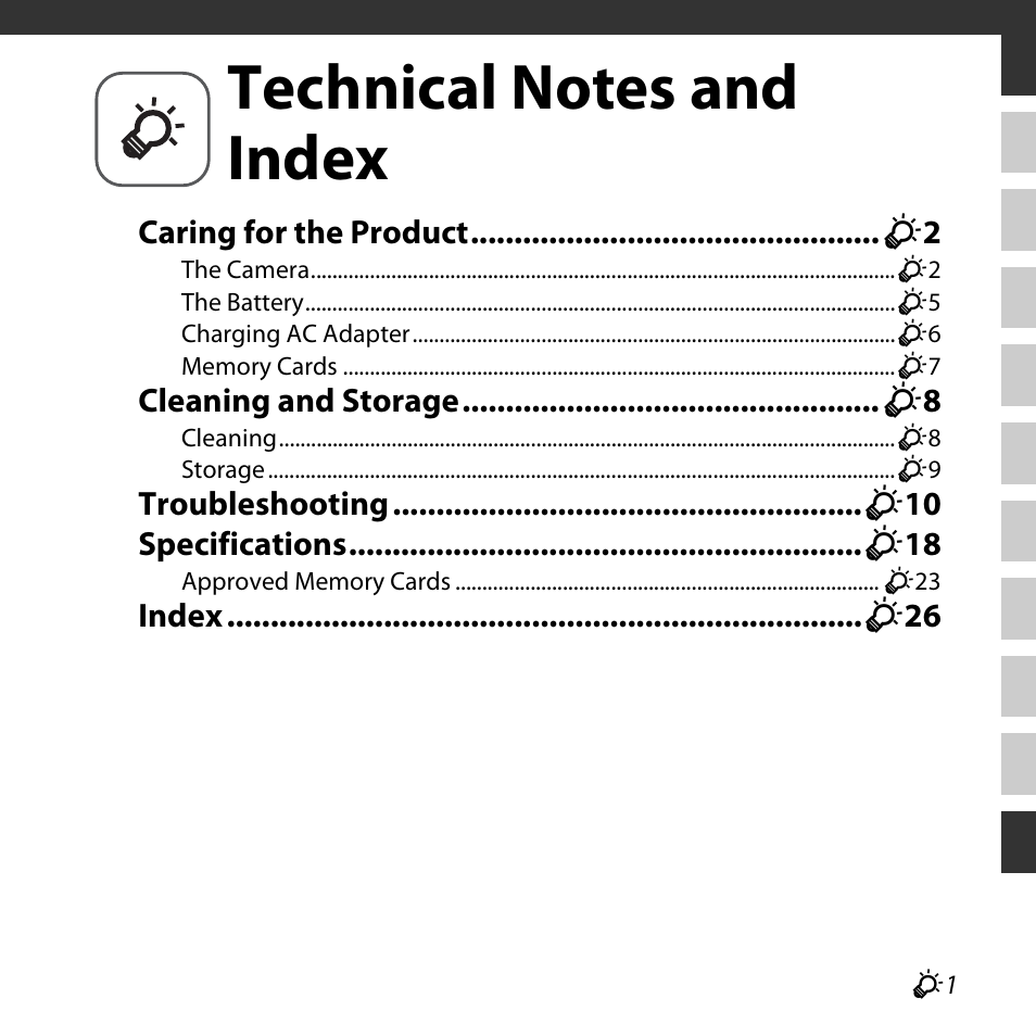 Technical notes and index, Technical notes and index .................. f1 | Nikon S32 User Manual | Page 159 / 188