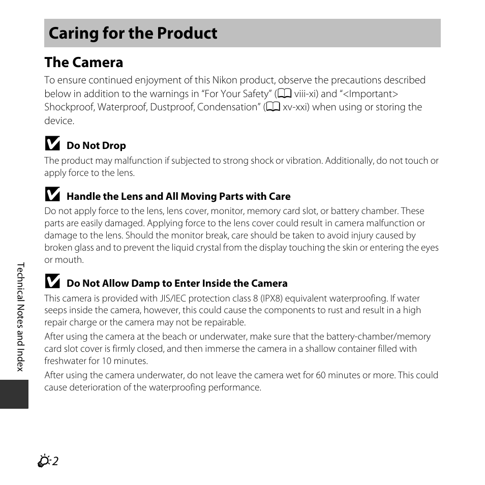 Caring for the product, The camera | Nikon S32 User Manual | Page 160 / 188