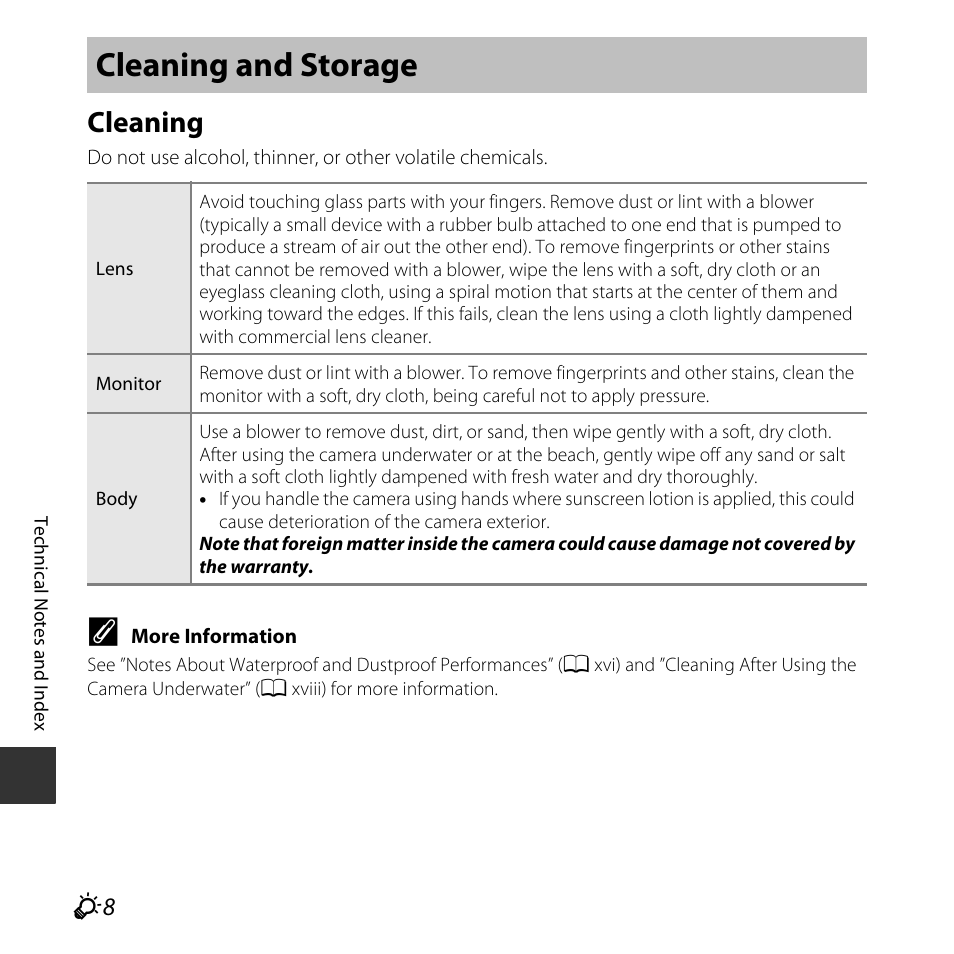 Cleaning and storage, Cleaning | Nikon S32 User Manual | Page 166 / 188