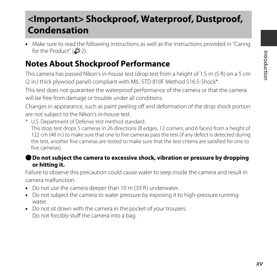 Notes about shockproof performance, Important> shockproof, Waterproof, dustproof, condensation | A xv-x | Nikon S32 User Manual | Page 17 / 188