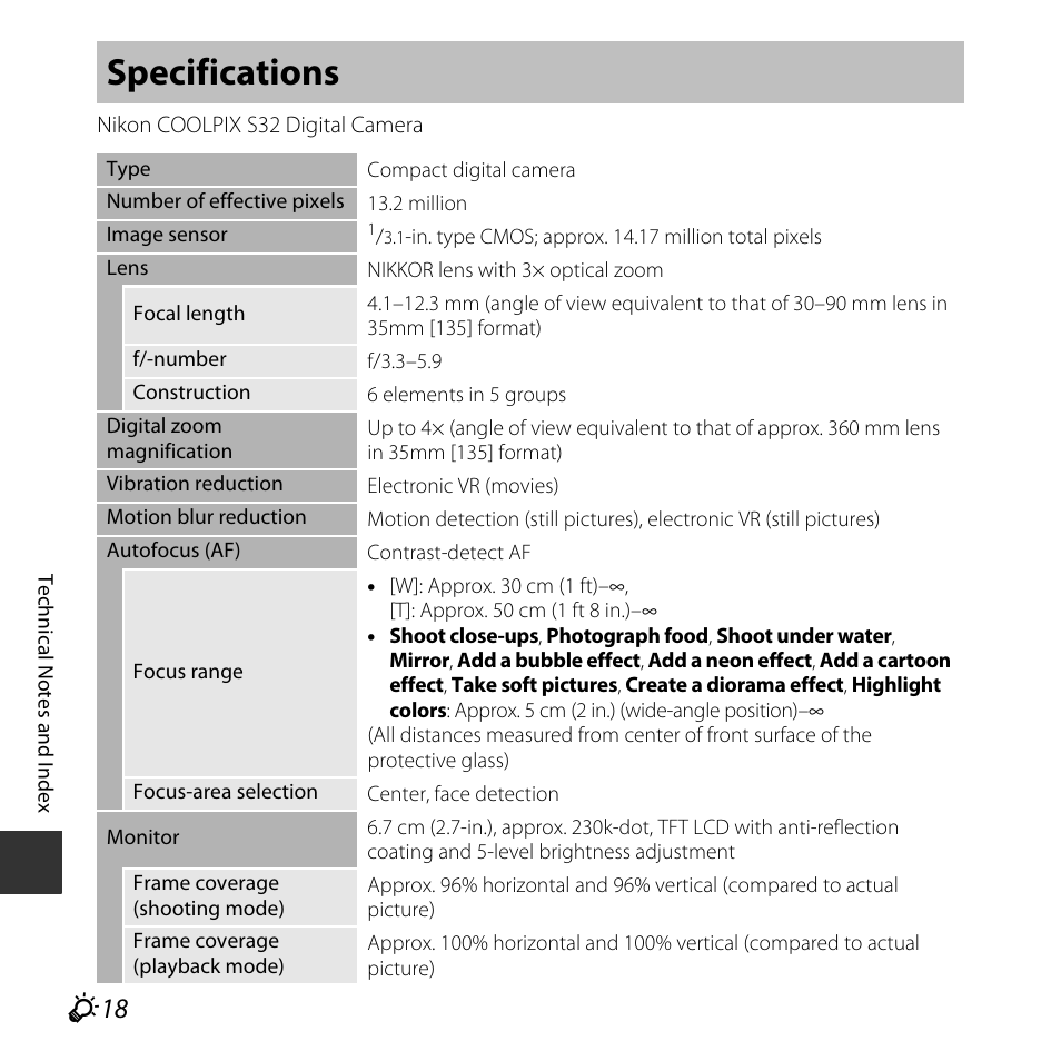 Specifications, F 18 | Nikon S32 User Manual | Page 176 / 188