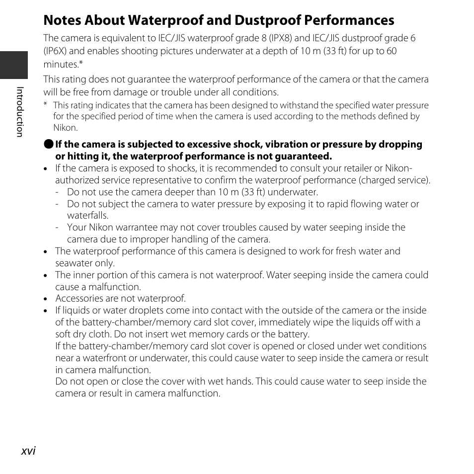 Notes about waterproof and dustproof performances | Nikon S32 User Manual | Page 18 / 188