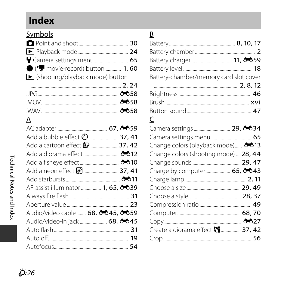 Index, F 26 | Nikon S32 User Manual | Page 184 / 188