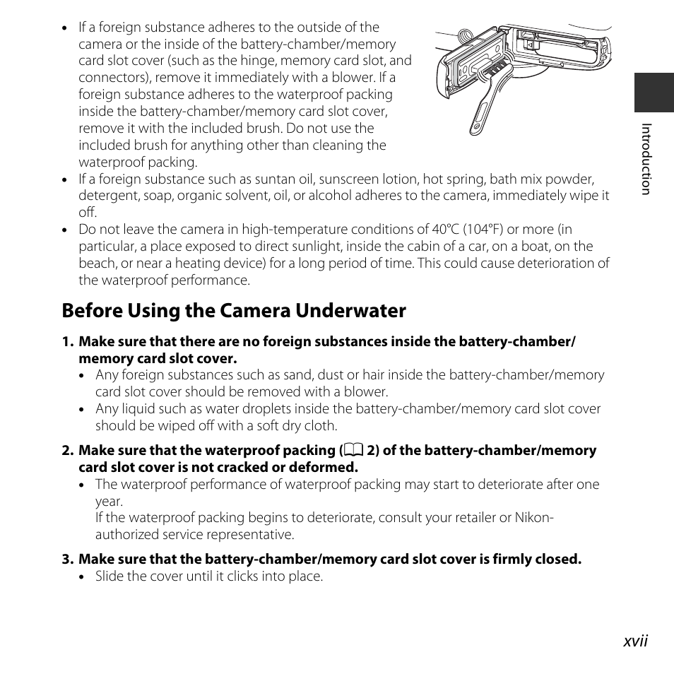 Before using the camera underwater, Xvii | Nikon S32 User Manual | Page 19 / 188