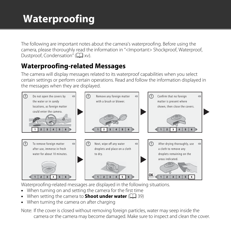 Waterproofing, Waterproofing-related messages | Nikon S32 User Manual | Page 2 / 188