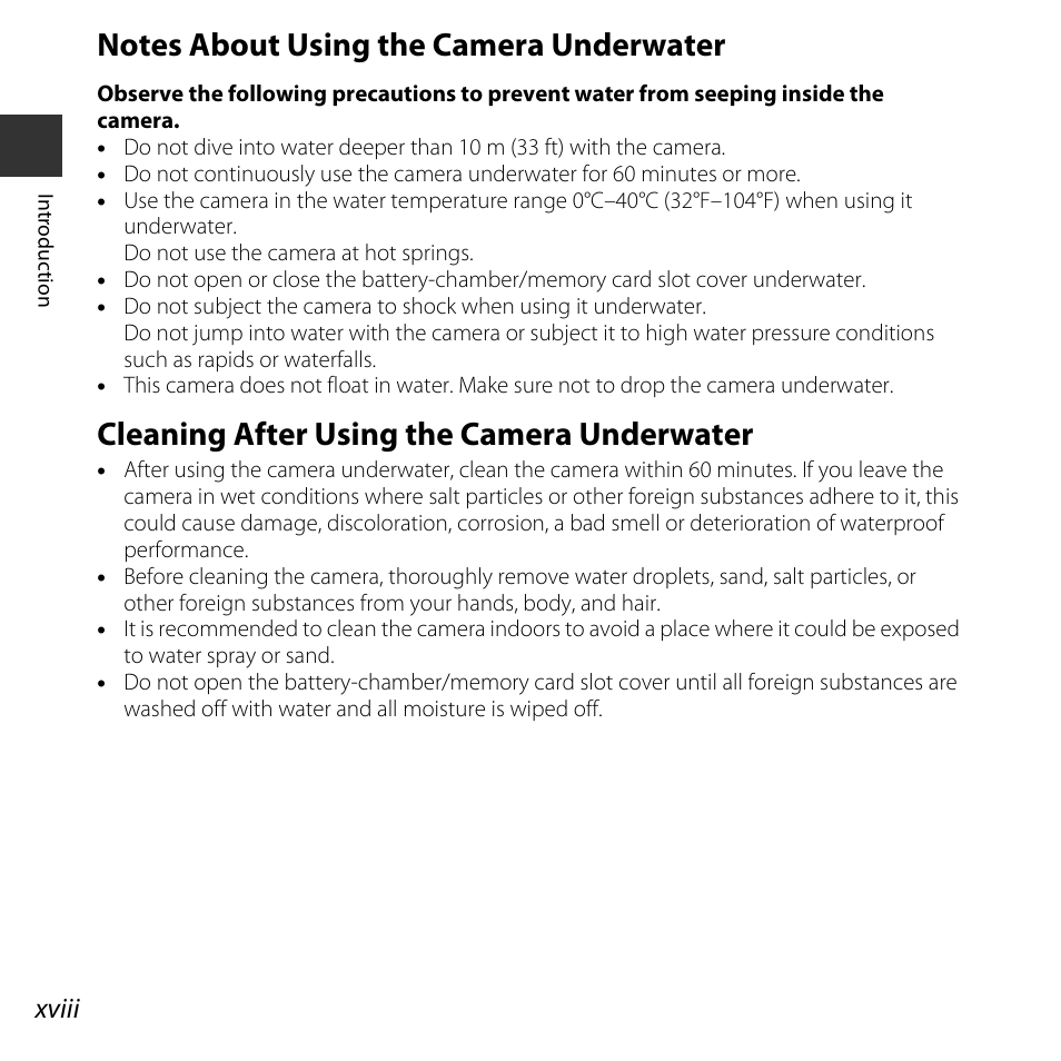 Notes about using the camera underwater, Cleaning after using the camera underwater | Nikon S32 User Manual | Page 20 / 188