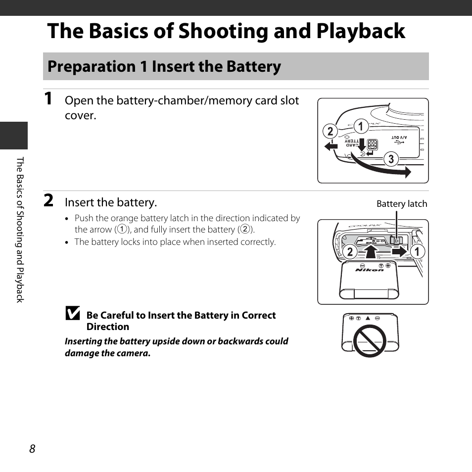 The basics of shooting and playback, Preparation 1 insert the battery, A 8) | Nikon S32 User Manual | Page 34 / 188