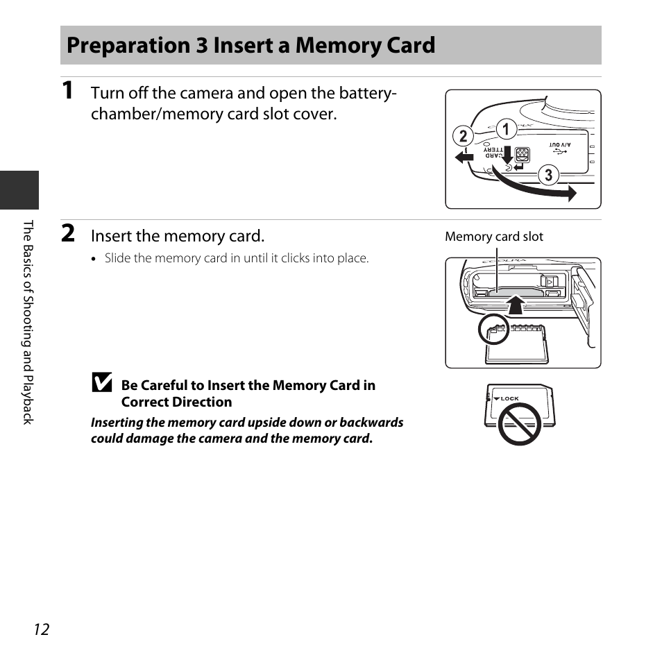 Preparation 3 insert a memory card | Nikon S32 User Manual | Page 38 / 188