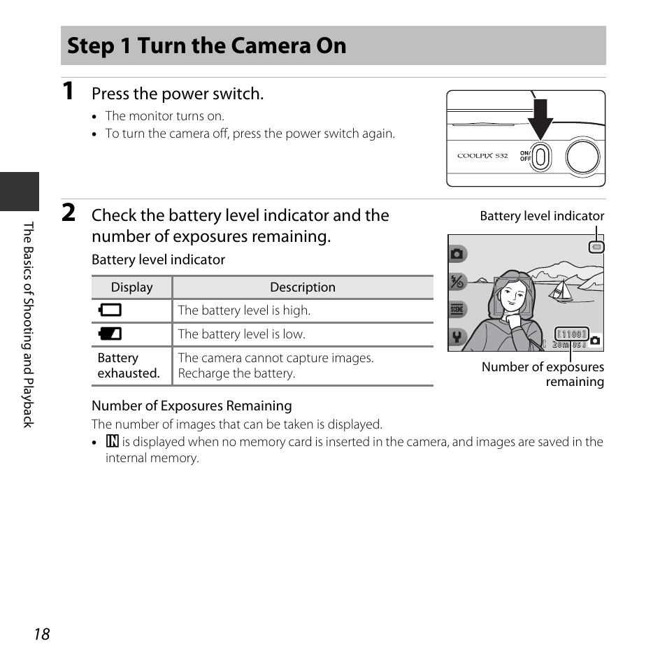 Step 1 turn the camera on, Press the power switch | Nikon S32 User Manual | Page 44 / 188