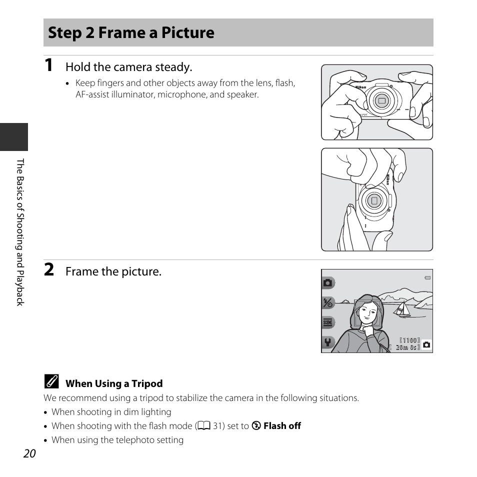 Step 2 frame a picture | Nikon S32 User Manual | Page 46 / 188