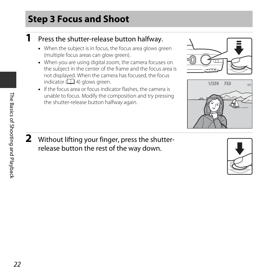 Step 3 focus and shoot, Press the shutter-release button halfway | Nikon S32 User Manual | Page 48 / 188