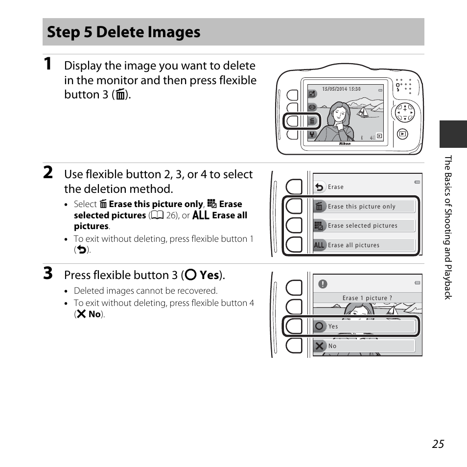Step 5 delete images, Press flexible button 3 (r yes ) | Nikon S32 User Manual | Page 51 / 188