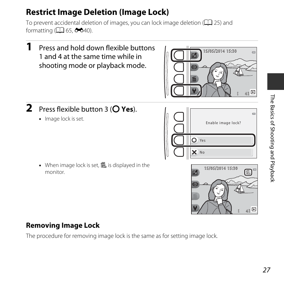 Restrict image deletion (image lock), Press flexible button 3 (r yes ), Removing image lock | Nikon S32 User Manual | Page 53 / 188