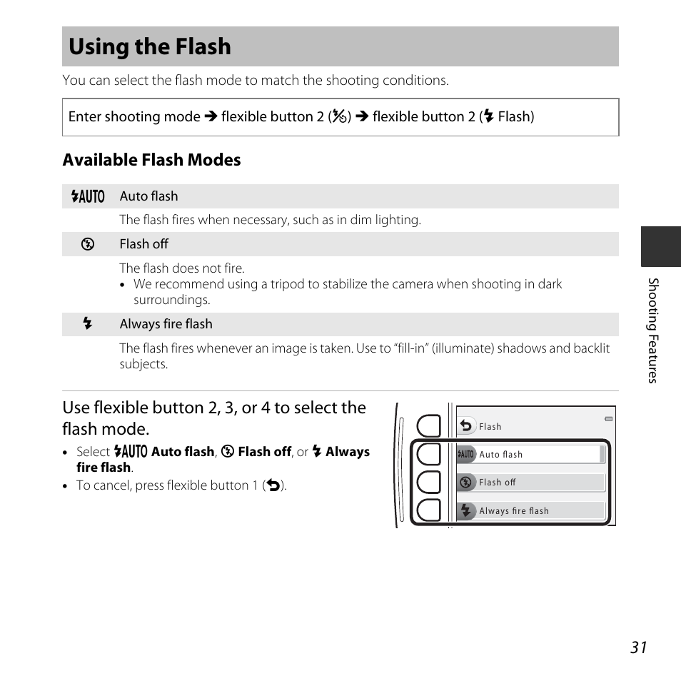 Using the flash | Nikon S32 User Manual | Page 57 / 188