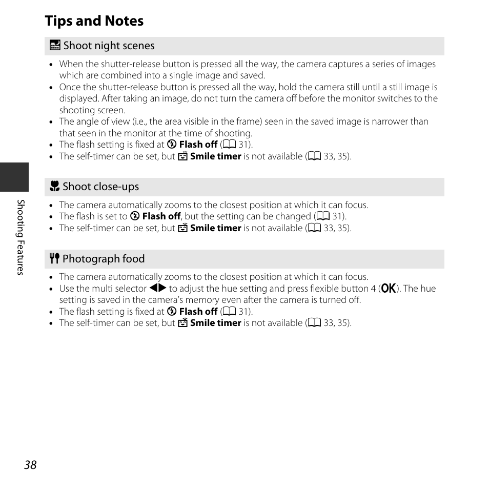 Tips and notes, A 38, A 38) | Nikon S32 User Manual | Page 64 / 188