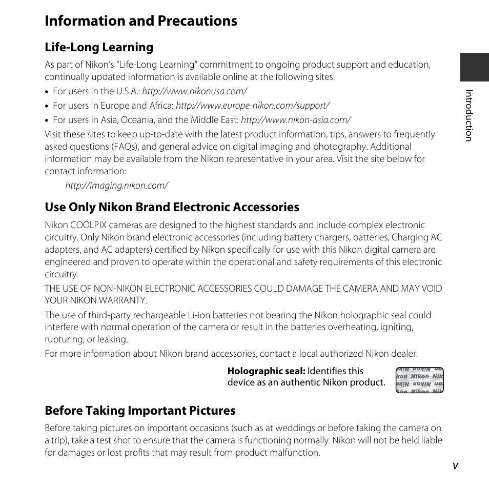 Information and precautions, Life-long learning, Use only nikon brand electronic accessories | Before taking important pictures | Nikon S32 User Manual | Page 7 / 188