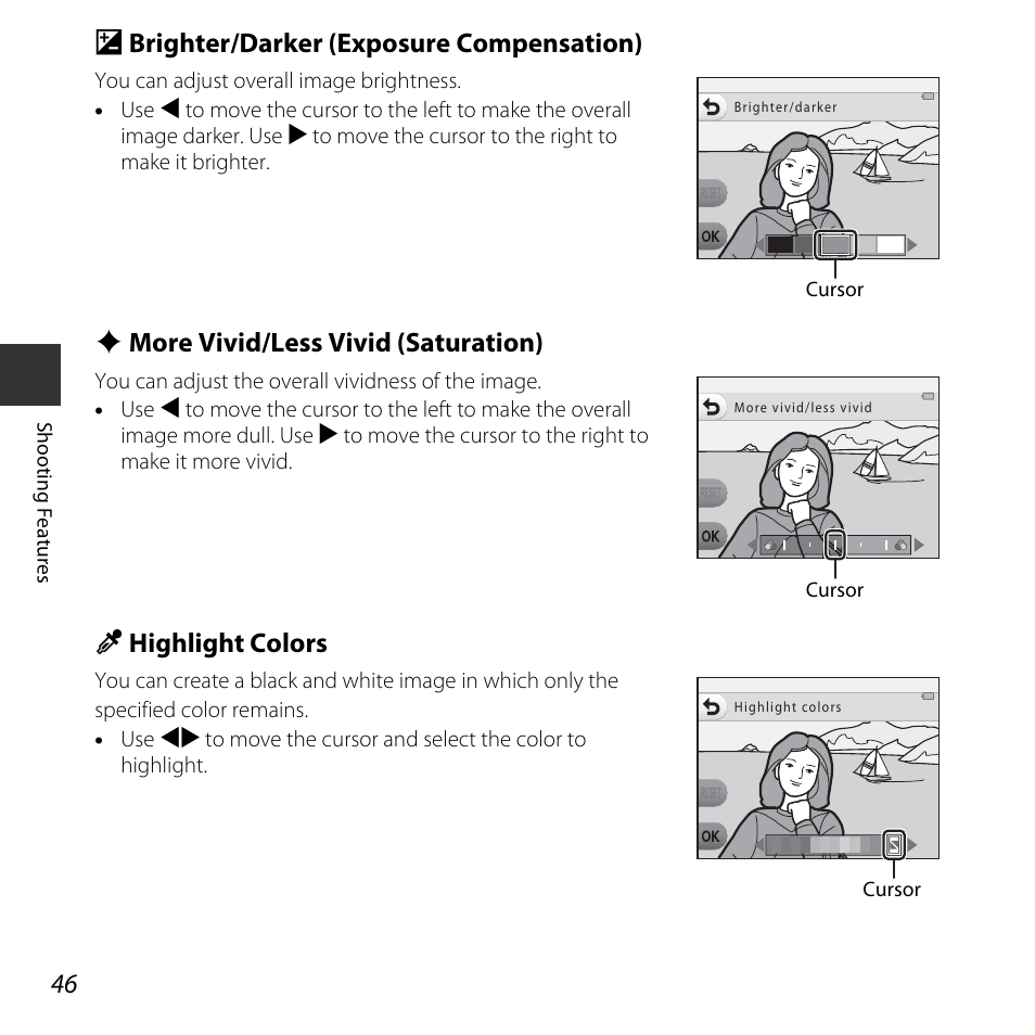 B brighter/darker (exposure compensation), C more vivid/less vivid (saturation), P highlight colors | Nikon S32 User Manual | Page 72 / 188