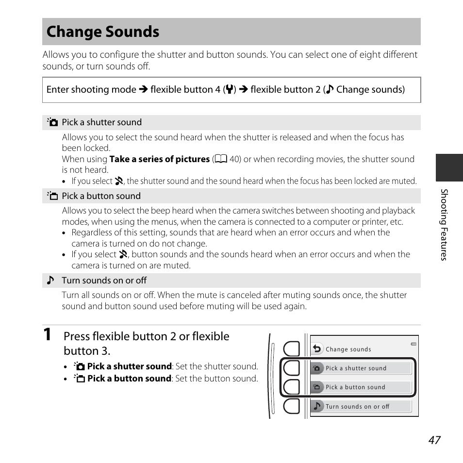 Change sounds, Press flexible button 2 or flexible button 3 | Nikon S32 User Manual | Page 73 / 188