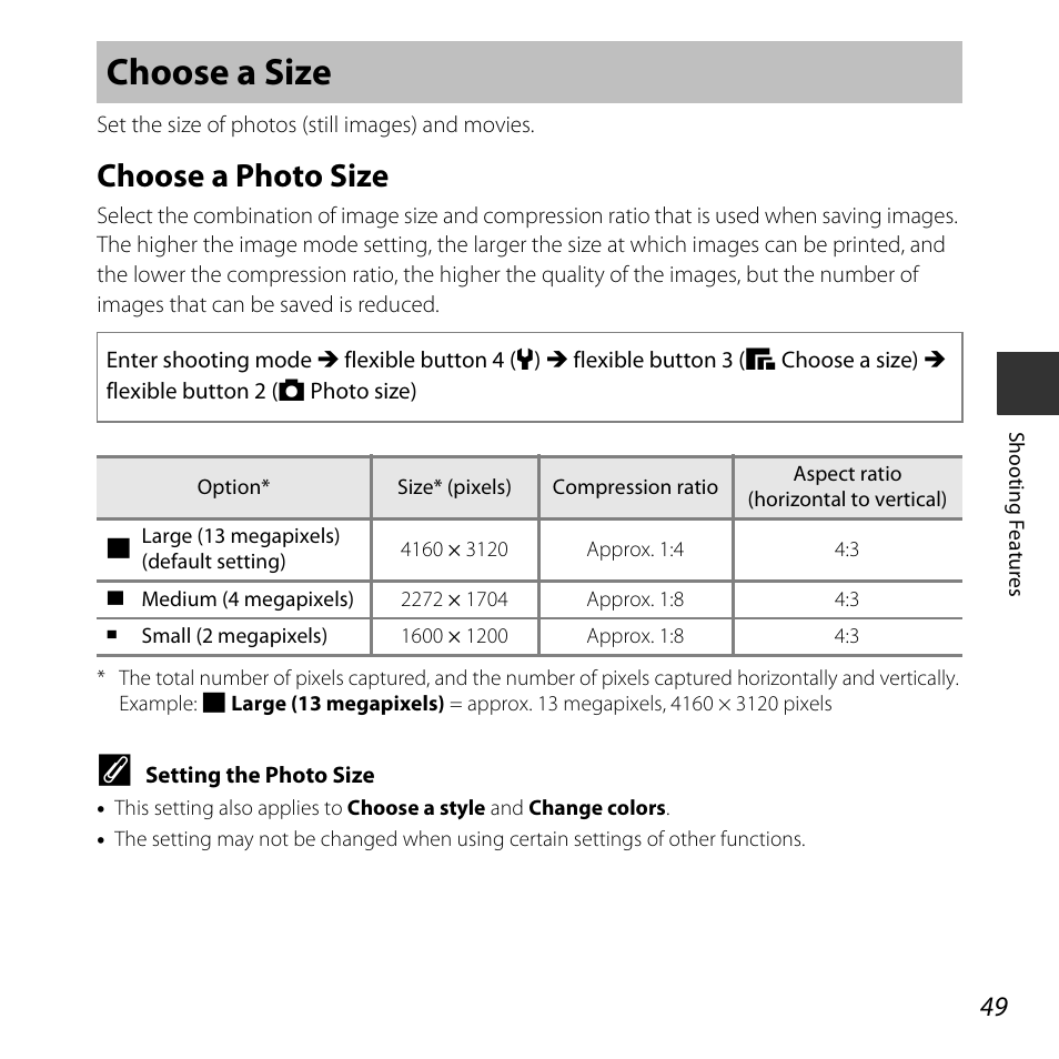 Choose a size, Choose a photo size | Nikon S32 User Manual | Page 75 / 188