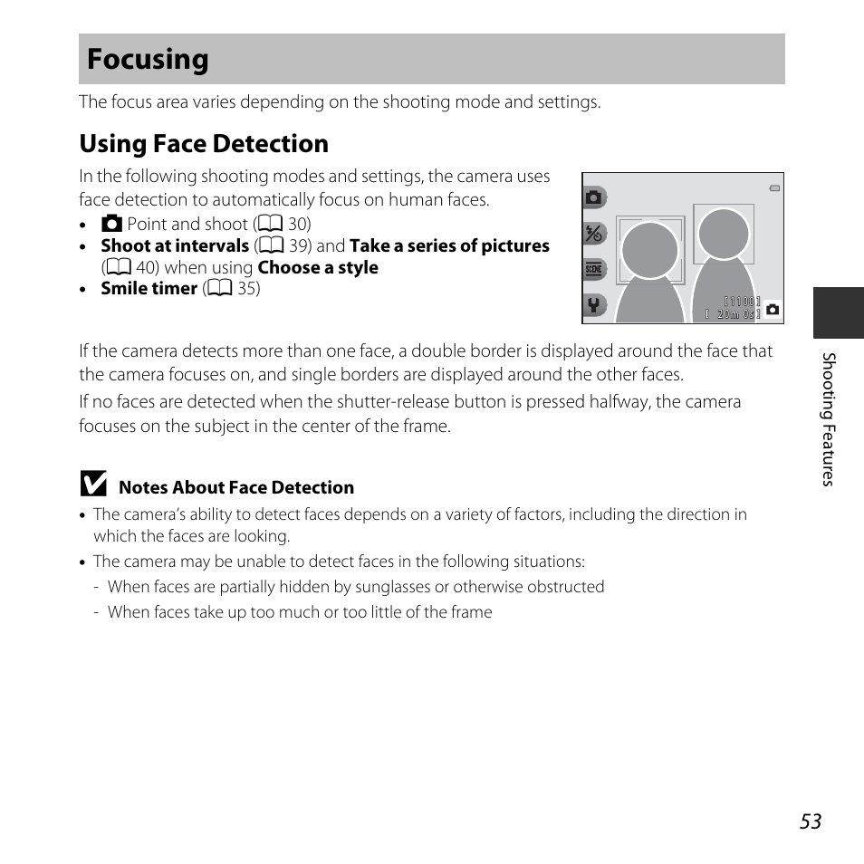 Focusing, Using face detection | Nikon S32 User Manual | Page 79 / 188