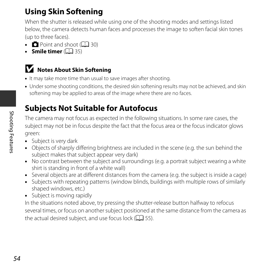 Using skin softening, Subjects not suitable for autofocus | Nikon S32 User Manual | Page 80 / 188