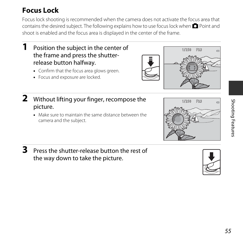 Focus lock, A 55) | Nikon S32 User Manual | Page 81 / 188