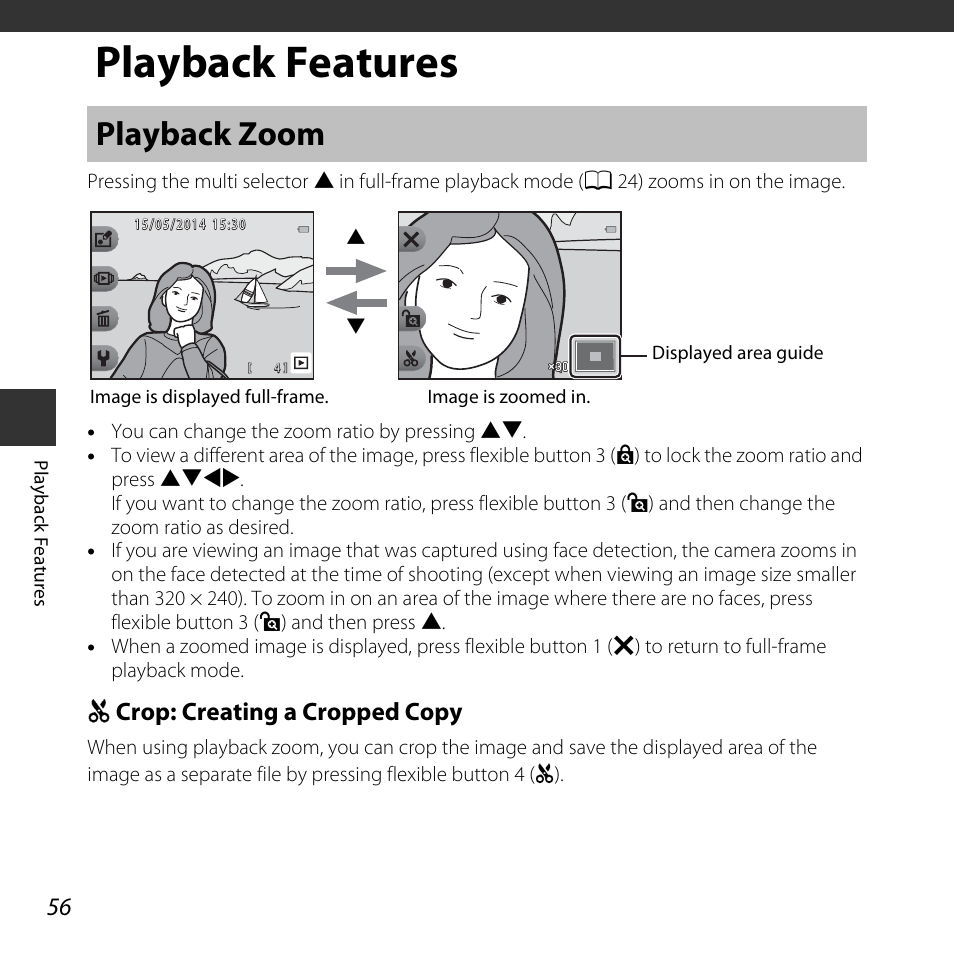 Playback features, Playback zoom, H crop: creating a cropped copy | Nikon S32 User Manual | Page 82 / 188