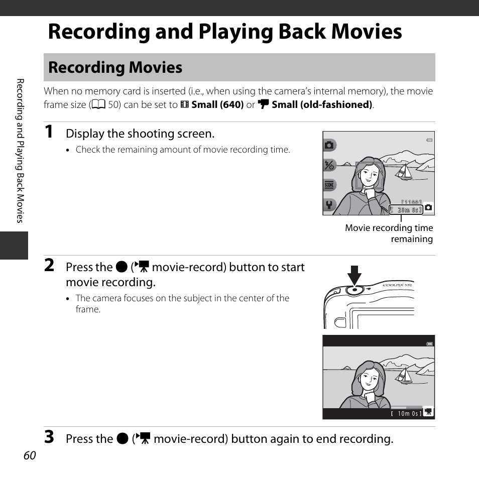 Recording and playing back movies, Recording movies | Nikon S32 User Manual | Page 86 / 188