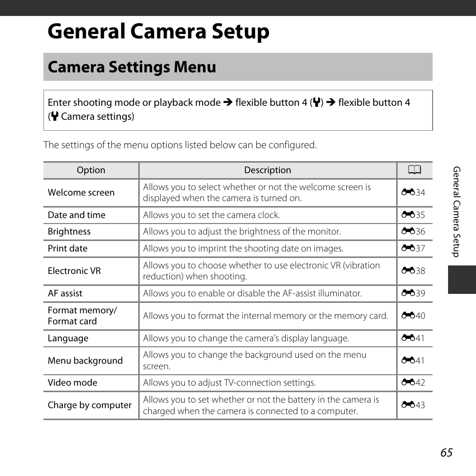 General camera setup, Camera settings menu, A 65 | A 65), Tting | Nikon S32 User Manual | Page 91 / 188