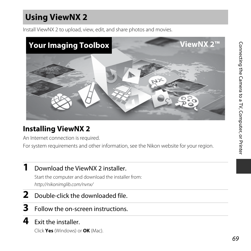 Using viewnx 2, Installing viewnx 2, A 69) | A 69, Your imaging toolbox viewnx 2 | Nikon S32 User Manual | Page 95 / 188