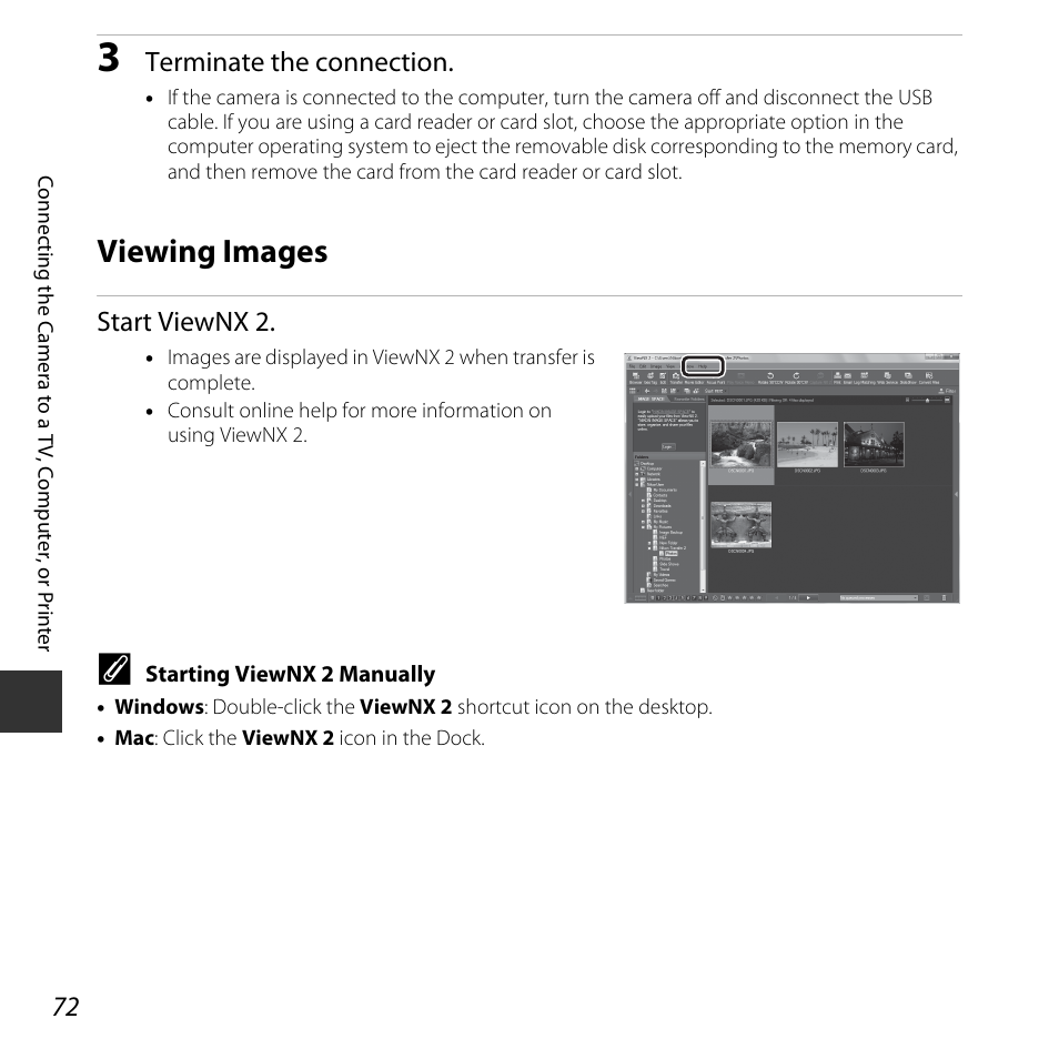 Viewing images, Terminate the connection, Start viewnx 2 | Nikon S32 User Manual | Page 98 / 188