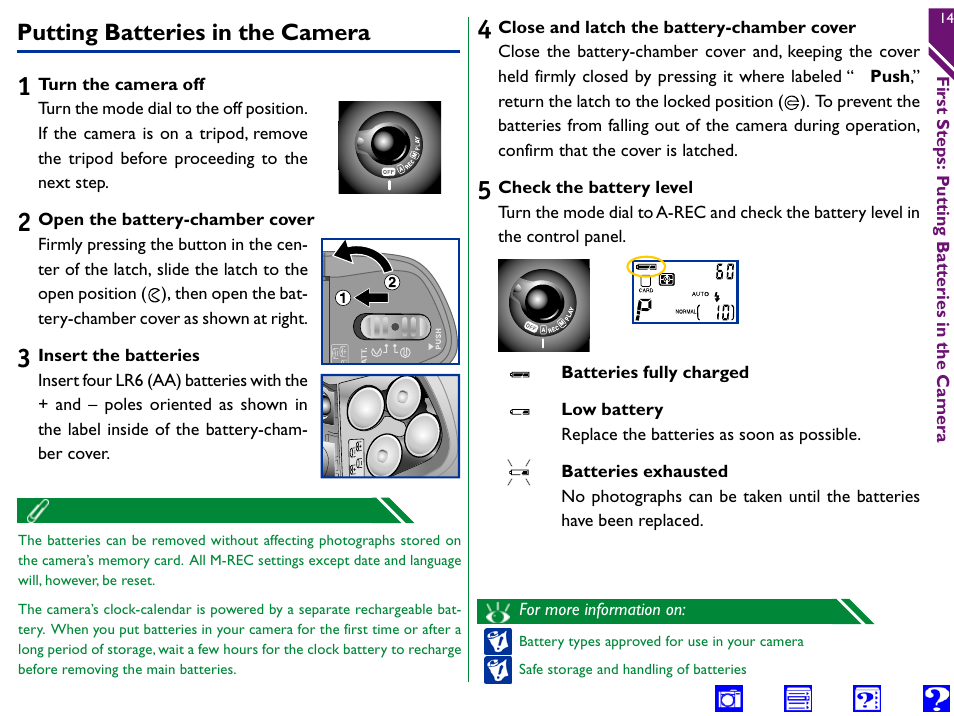 Putting batteries in the camera, Battery, Chamber latch | Chamber, Cover, Indicator | Nikon 990 User Manual | Page 14 / 107