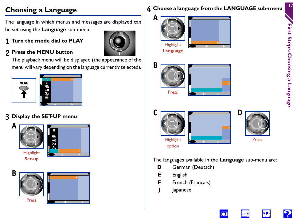 Choosing a language, D e f j, First steps: choosing a langua ge | Turn the mode dial to play, Display the set-up menu, Choose a language from the language sub-menu | Nikon 990 User Manual | Page 17 / 107