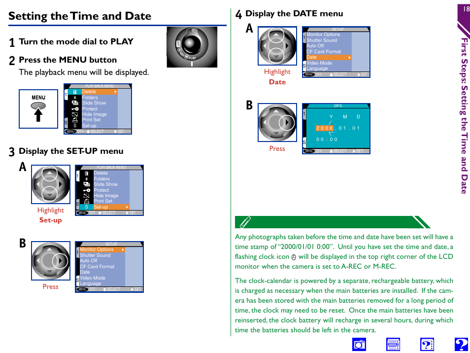 Setting thetime and date, Setting the time and date, Date | First steps: setting the time and date, Turn the mode dial to play, Display the set-up menu, Display the date menu | Nikon 990 User Manual | Page 18 / 107